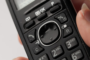 Black telephone isolated on white background. Landline,copy space