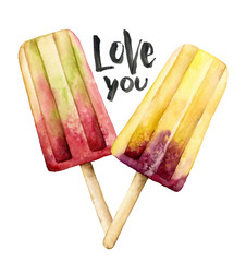 Watercolor Love you card with ice cream. Hand painted illustration fruit ice isolated on white background. Food illustration for design, print, fabric or background.