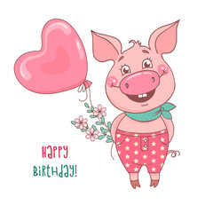 Cute smiling pig holds flowers and a balloon in the shape of a heart