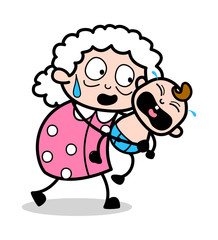 Trying to Keep Calm the Crying Baby - Old Woman Cartoon Granny Vector Illustration