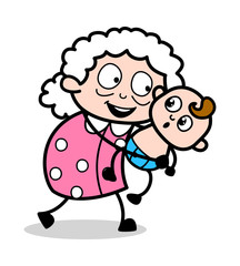 Grandma Playing with Baby Boy - Old Woman Cartoon Granny Vector Illustration