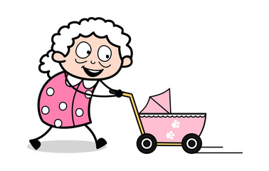 Running with Baby Trolley - Old Woman Cartoon Granny Vector Illustration