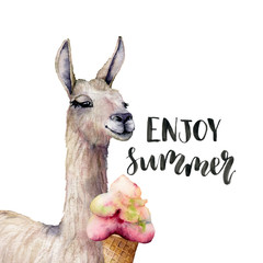 Watercolor Enjoy summer card with lama. Hand painted beautiful illustration with llama animal, ice cream and lettering isolated on white background. For design, print, fabric or background. © yuliya_derbisheva