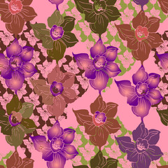 Decorative seamless pattern with stylized silhouettes and textures of flowers. Colorful manual graphics in quilt style on coral background. For fabrics, textile, wallpaper, package