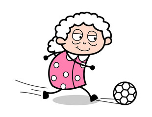 Playing Soccer - Old Woman Cartoon Granny Vector Illustration
