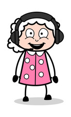 Talking with Headset - Old Woman Cartoon Granny Vector Illustration