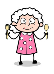 Showing Two Spoons - Old Woman Cartoon Granny Vector Illustration