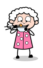 Eating Tasty Food - Old Woman Cartoon Granny Vector Illustration