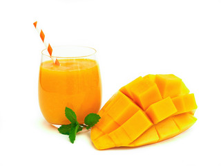 Fresh mango smoothies on white background for healthy summer drink concept.