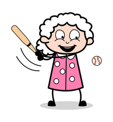 Playing Cricket - Old Woman Cartoon Granny Vector Illustration