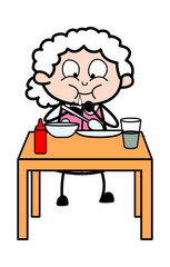 Eating Food - Old Woman Cartoon Granny Vector Illustration