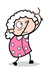 Aiming with Sling Shot - Old Woman Cartoon Granny Vector Illustration