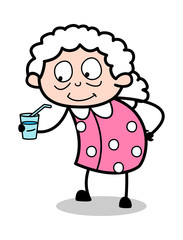 Drinking Energy Drink - Old Woman Cartoon Granny Vector Illustration