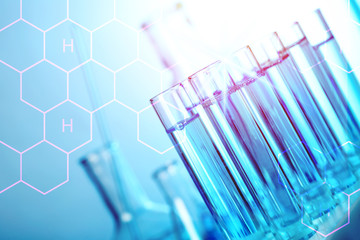 Different laboratory glassware on table, double exposure. Solution chemistry