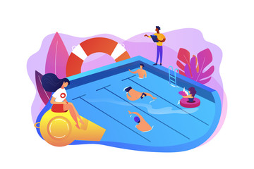 Tiny adult people swimming in the pool, coach and lifeguard. Swimming and lifesaving classes, swimming for adults, open water classes concept. Bright vibrant violet vector isolated illustration