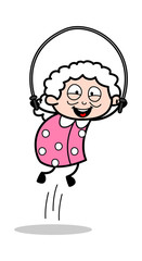 Playing Skipping Rope - Old Woman Cartoon Granny Vector Illustration