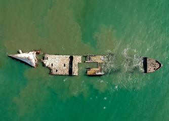 Sunken Ship Aerial at Seacliff beach, California, USA
