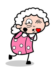 Blowing Kiss - Old Woman Cartoon Granny Vector Illustration