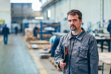 Portrait of a serious technician at the factory. - obrazy, fototapety, plakaty