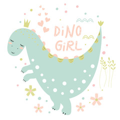 Fototapeta premium Postcard with cute dinosaur, inscription and hearts on white background. Vector design.