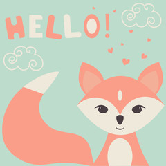 Postcard with a cute Fox, inscription, hearts and clouds. Vector design.
