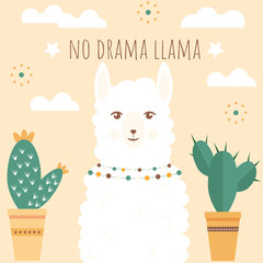Card with a cute llama on the delicate background. Vector design, children poster.