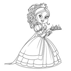 Fototapeta premium Beautiful princess with cupcakes on a plate outlined for coloring book isolated on white background