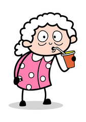 Drinking Energy Drink - Old Woman Cartoon Granny Vector Illustration