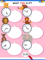 telling time educational worksheet with animals