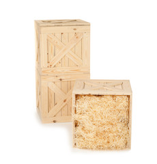 Wooden crates on white background. Shipping containers