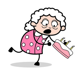 Cake Fall Down from Hand - Old Woman Cartoon Granny Vector Illustration