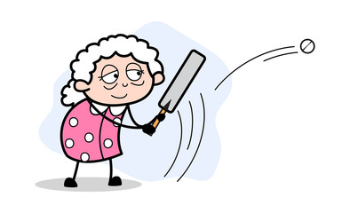 Playing Cricket - Old Woman Cartoon Granny Vector Illustration