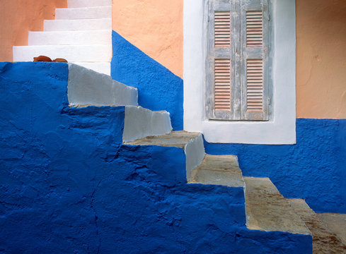View of blue and white stairway