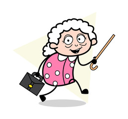 Getting Late for Office - Old Woman Cartoon Granny Vector Illustration