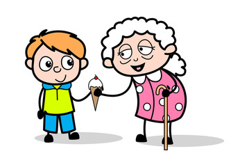 Giving Ice-Cream to Her Grandson - Old Woman Cartoon Granny Vector Illustration