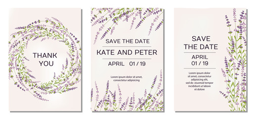 Wedding invitations set with lavender flowers on background