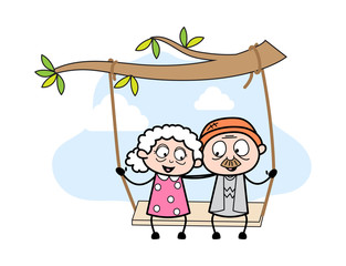 Old Couple Swinging - Old Woman Cartoon Granny Vector Illustration