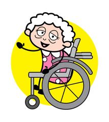Saying Hello from Wheel Chair - Old Woman Cartoon Granny Vector Illustration