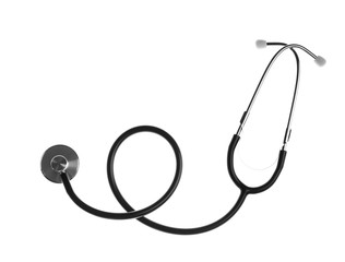 Stethoscope on white background, top view. Medical device