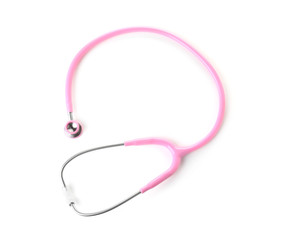 Stethoscope on white background, top view. Medical device