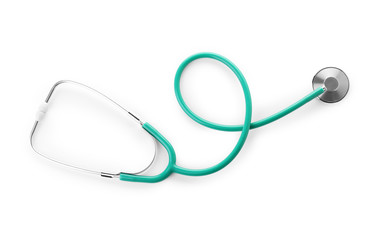 Stethoscope on white background, top view. Medical device