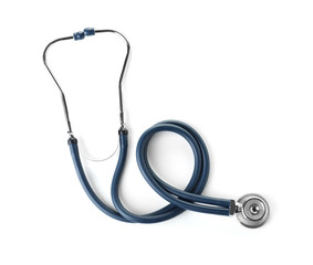 Stethoscope on white background, top view. Medical device