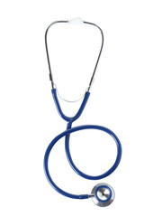 Stethoscope on white background, top view. Medical device