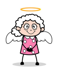 Granny in Angel Costume - Old Woman Cartoon Granny Vector Illustration