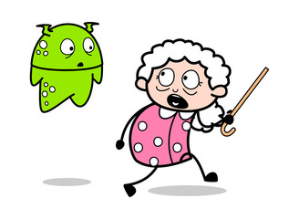 Old Lady Scared from a Alien - Old Woman Cartoon Granny Vector Illustration