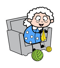 Grandma Weaving Wool - Old Woman Cartoon Granny Vector Illustration