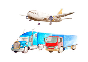 Watercolor transport concept of freight transport. Airplane and two trucks of low tonnage and multi-tonnage. On white background isolated. For logistics and transportation
