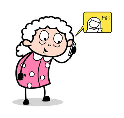 Talking with Friend on Call - Old Woman Cartoon Granny Vector Illustration