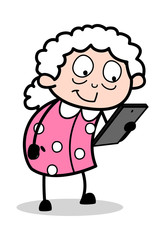 Reading Messages - Old Woman Cartoon Granny Vector Illustration
