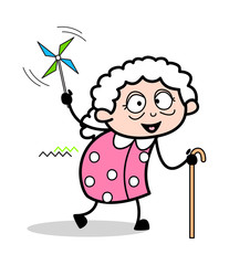 Playing with Wheel Fan - Old Woman Cartoon Granny Vector Illustration